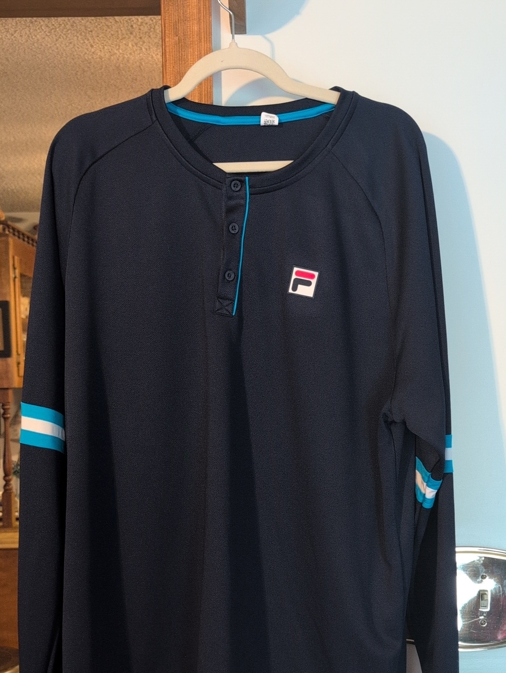 Fila Black Long Sleeve Henley with Blue Stripe Details